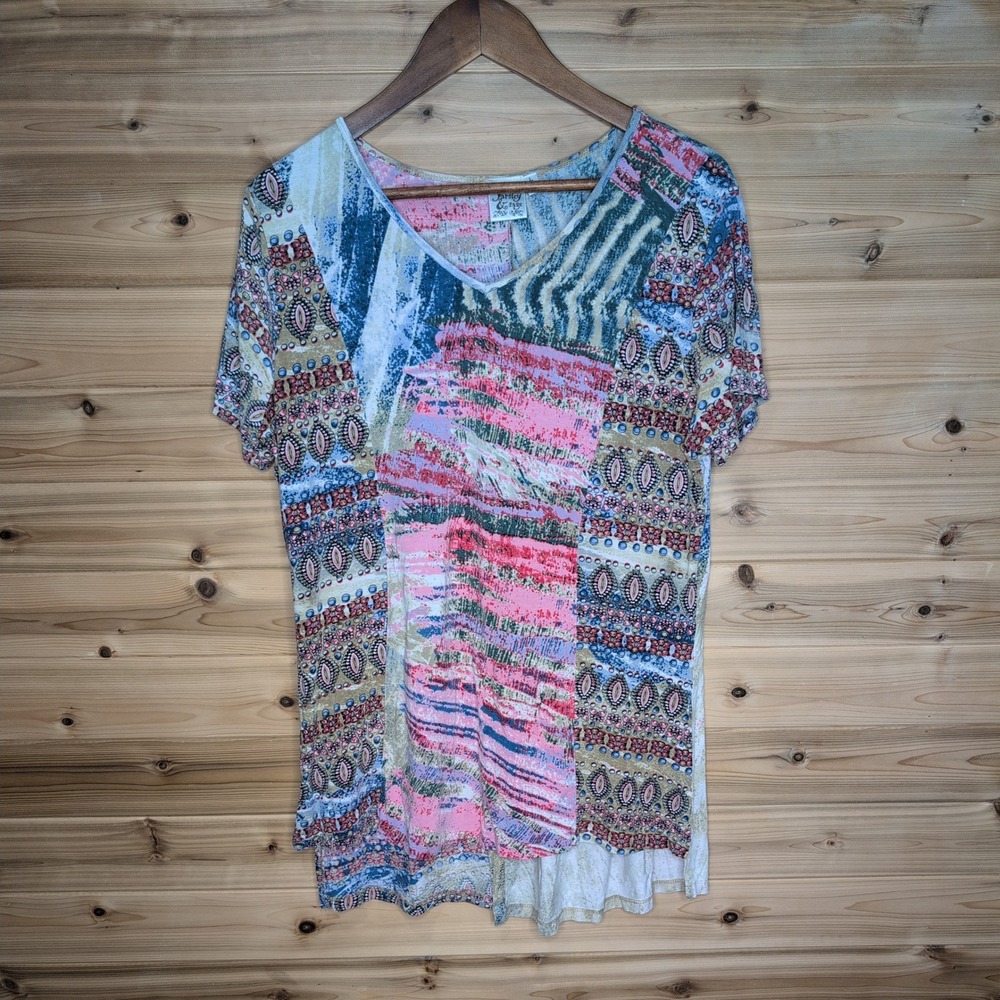 Parsley & Sage Womens Large Patchwork Print V-Neck Short Sleeve Top Pink Blue